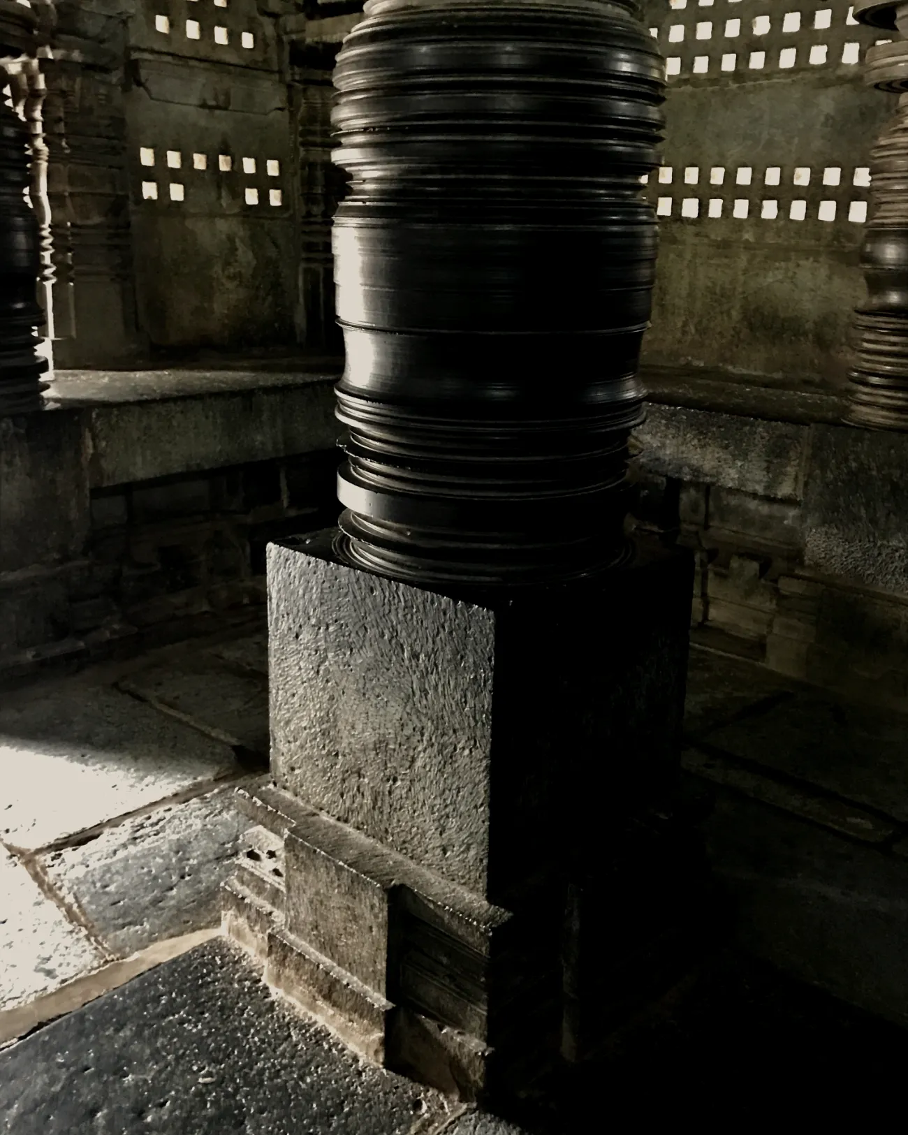 A lathe-turned stone pillar inside the 13th-century Chennakesava temple, Somanathapura